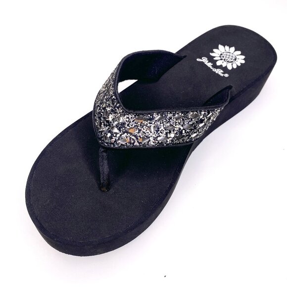 NEW Yellow Box Black Platform Flip Flops 8 Silver Glitter Diamond Wedge Sandals - Picture 1 of 12